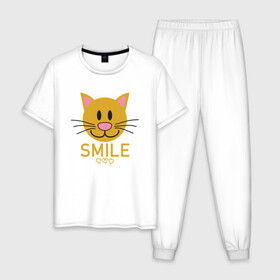 Мужская пижама хлопок с принтом Smile Cat , 100% хлопок | брюки и футболка прямого кроя, без карманов, на брюках мягкая резинка на поясе и по низу штанин
 | animal | cat | cute | kitty | meow | smile | друг | животные | киска | китти | кот | котенок | котик | котэ | кошечка | кошка | милый | мур | мяу | питомец