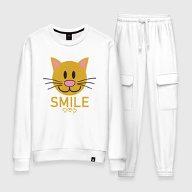 Женский костюм хлопок с принтом Smile Cat , 100% хлопок | на свитшоте круглая горловина, мягкая резинка по низу. Брюки заужены к низу, на них два вида карманов: два 