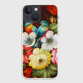 Чехол для iPhone 13 mini с принтом Две птички и цветы ,  |  | декоративная роспись | живопись | жостово | жостовская роспись | птицы | розы | цветы