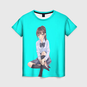 Женская футболка 3D с принтом Anime girl , 100% полиэфир ( синтетическое хлопкоподобное полотно) | прямой крой, круглый вырез горловины, длина до линии бедер | anime girl | green | аниме | аниме тян на бирюзовом фоне | зеленый фон