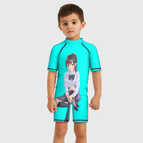Детский купальный костюм 3D с принтом Anime girl , Полиэстер 85%, Спандекс 15% | застежка на молнии на спине | anime girl | green | аниме | аниме тян на бирюзовом фоне | зеленый фон
