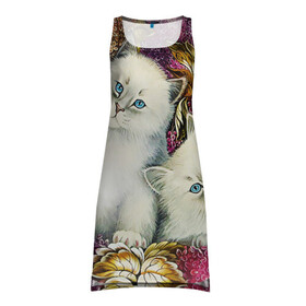 Платье-майка 3D с принтом Два котенка , 100% полиэстер | полуприлегающий силуэт, широкие бретели, круглый вырез горловины, удлиненный подол сзади. | декоративная роспись | живопись | жостово | жостовская роспись | кошки