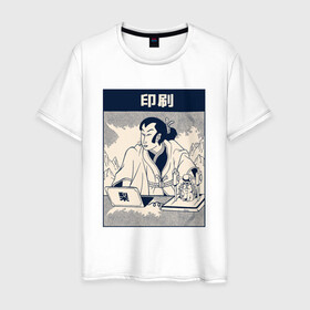 Мужская футболка хлопок с принтом Картина Самурай с 3D принтером , 100% хлопок | прямой крой, круглый вырез горловины, длина до линии бедер, слегка спущенное плечо. | 3д принтер | art | cat | cyberpunk samurai | neko | ninja | oni | ronin | samurai | shogun | арт | киберпанк самурай | мерч | мужик | мужчина | неко | прикол | путь воина | путь война | ронин | сёгун | сепукку | токио | харакири
