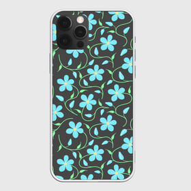 Чехол для iPhone 12 Pro с принтом Цветочный узор на темном фоне , силикон | область печати: задняя сторона чехла, без боковых панелей | бутон | бутоны | голубые цветы | листья | синие цветы | узор | цветок | цветы | цветы на тёмном фоне