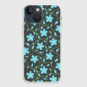 Чехол для iPhone 13 mini с принтом Цветочный узор на темном фоне ,  |  | бутон | бутоны | голубые цветы | листья | синие цветы | узор | цветок | цветы | цветы на тёмном фоне