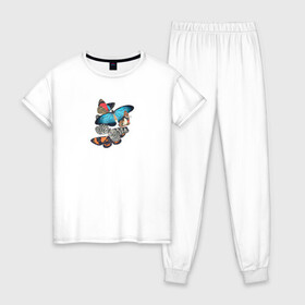 Женская пижама хлопок с принтом Бабочки , 100% хлопок | брюки и футболка прямого кроя, без карманов, на брюках мягкая резинка на поясе и по низу штанин | butterfly | бабочки | винтаж | насекомые