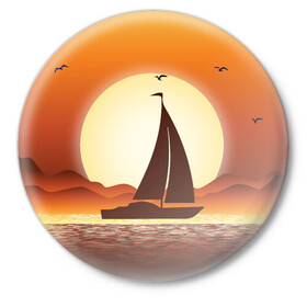 Значок с принтом Кораблик на закате ,  металл | круглая форма, металлическая застежка в виде булавки | sailboat | ship | ships | кораблик | корабль | лодка | парус | парусная лодка | тату | татуировка