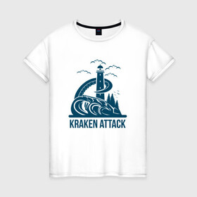 Женская футболка хлопок с принтом Атака кракена , 100% хлопок | прямой крой, круглый вырез горловины, длина до линии бедер, слегка спущенное плечо | king | kraken | octopus | корона | кракен | море | морские | морское | осьминог | щупальца