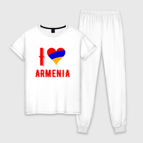 Женская пижама хлопок с принтом I Love Armenia , 100% хлопок | брюки и футболка прямого кроя, без карманов, на брюках мягкая резинка на поясе и по низу штанин | armenia | armenya | love | арарат | армения | армяне | армянин | арцах | горы | ереван | кавказ | любовь | народ | саркисян | сердце | ссср | страна | флаг