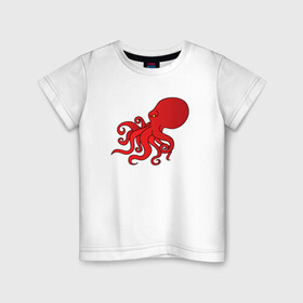 Детская футболка хлопок с принтом Осьминог красный , 100% хлопок | круглый вырез горловины, полуприлегающий силуэт, длина до линии бедер | cute | octopus | милый | морское | осьминог | осьминожка | паттерн | тентакли | щупальца
