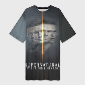 Платье-футболка 3D с принтом SPN | Let The End Times Roll ,  |  | belphegor | castiel | dean winchester | jack kline | sam winchester | sn | spn | supernatural | vdzabma | бельфегор | джек клайн | дин винчестер | кастиель | кастиэль | сверхъестественное | сн | спн | сэм винчестер