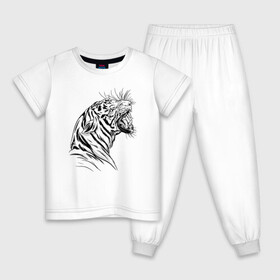 Детская пижама хлопок с принтом Чёрно белый рисунок тигра , 100% хлопок |  брюки и футболка прямого кроя, без карманов, на брюках мягкая резинка на поясе и по низу штанин
 | art | black and white | hunter | pantera | panthera | predator | russian tiger | tiger | амурский тигр | большая киса | большая кошка | иллюстрация | красная книга | охотник | пантера | полосатый тигр | русский тигр | рык
