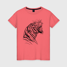 Женская футболка хлопок с принтом Чёрно белый рисунок тигра , 100% хлопок | прямой крой, круглый вырез горловины, длина до линии бедер, слегка спущенное плечо | art | black and white | hunter | pantera | panthera | predator | russian tiger | tiger | амурский тигр | большая киса | большая кошка | иллюстрация | красная книга | охотник | пантера | полосатый тигр | русский тигр | рык