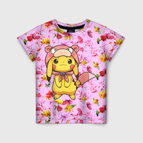 Детская футболка 3D с принтом Пикачу в цветочках , 100% гипоаллергенный полиэфир | прямой крой, круглый вырез горловины, длина до линии бедер, чуть спущенное плечо, ткань немного тянется | anime | picachu | pikachu | аниме | милый | пика | пикачу | покебол | покемон