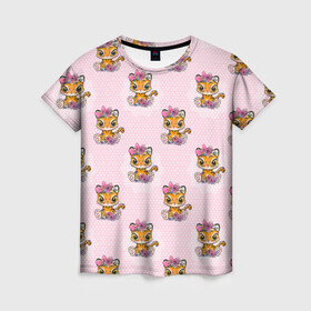 Женская футболка 3D с принтом Милые маленькие тигрицы , 100% полиэфир ( синтетическое хлопкоподобное полотно) | прямой крой, круглый вырез горловины, длина до линии бедер | девочка | милашка | милая | тигр | тигренок | тигрица