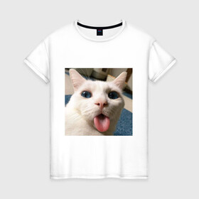 Женская футболка хлопок с принтом Мем про кота , 100% хлопок | прямой крой, круглый вырез горловины, длина до линии бедер, слегка спущенное плечо | белый киса | кашель | кот | мем | мерзость | милый | прикол | эмоции