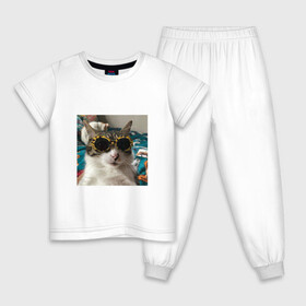 Детская пижама хлопок с принтом Мем про кота , 100% хлопок |  брюки и футболка прямого кроя, без карманов, на брюках мягкая резинка на поясе и по низу штанин
 | в очках | киса селфи | кот | мем | милый | прикол