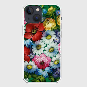 Чехол для iPhone 13 mini с принтом Ромашки на зеленом фоне ,  |  | декоративная роспись | живопись | жостово | жостовская роспись | ромашки | цветы