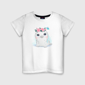 Детская футболка хлопок с принтом Тюлень и цветочки , 100% хлопок | круглый вырез горловины, полуприлегающий силуэт, длина до линии бедер | живность | животные | море | морские | с мячиком | тюлени | тюлень