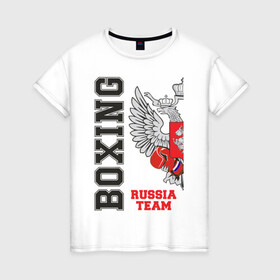 Женская футболка хлопок с принтом Boxing Russia (двухсторонняя) , 100% хлопок | прямой крой, круглый вырез горловины, длина до линии бедер, слегка спущенное плечо | Тематика изображения на принте: boxer | boxing | russia team | бокс | боксер | сборная россии | тайский бокс