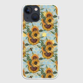 Чехол для iPhone 13 mini с принтом Подсолнухи и пчёлы на голубом ,  |  | bee | bees | blue sky | fashion | flowers | flowers lovers | honey | sunflower | sunflowers | букет подсолнухов | весенние подсолнухи | голубое небо | жёлтые подсолнухи | летние подсолнухи | летние цветы | мёд | медовые соты