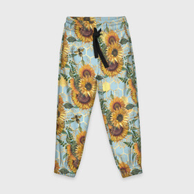 Детские брюки 3D с принтом Подсолнухи и пчёлы на голубом , 100% полиэстер | манжеты по низу, эластичный пояс регулируется шнурком, по бокам два кармана без застежек, внутренняя часть кармана из мелкой сетки | bee | bees | blue sky | fashion | flowers | flowers lovers | honey | sunflower | sunflowers | букет подсолнухов | весенние подсолнухи | голубое небо | жёлтые подсолнухи | летние подсолнухи | летние цветы | мёд | медовые соты