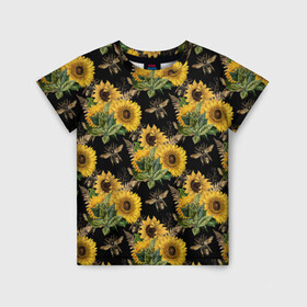 Детская футболка 3D с принтом Fashion Sunflowers and bees , 100% гипоаллергенный полиэфир | прямой крой, круглый вырез горловины, длина до линии бедер, чуть спущенное плечо, ткань немного тянется | black | fashion | flowers | flowers lovers | sunflower | sunflowers | букет подсолнухов | весенние подсолнухи | жёлтые подсолнухи | летние подсолнухи | летние цветы | насекомые | подсолнечник | подсолнухи