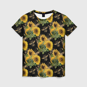 Женская футболка 3D с принтом Fashion Sunflowers and bees , 100% полиэфир ( синтетическое хлопкоподобное полотно) | прямой крой, круглый вырез горловины, длина до линии бедер | Тематика изображения на принте: black | fashion | flowers | flowers lovers | sunflower | sunflowers | букет подсолнухов | весенние подсолнухи | жёлтые подсолнухи | летние подсолнухи | летние цветы | насекомые | подсолнечник | подсолнухи