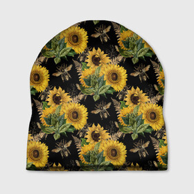 Шапка 3D с принтом Fashion Sunflowers and bees , 100% полиэстер | универсальный размер, печать по всей поверхности изделия | black | fashion | flowers | flowers lovers | sunflower | sunflowers | букет подсолнухов | весенние подсолнухи | жёлтые подсолнухи | летние подсолнухи | летние цветы | насекомые | подсолнечник | подсолнухи