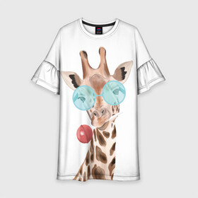 Детское платье 3D с принтом Жираф в очках , 100% полиэстер | прямой силуэт, чуть расширенный к низу. Круглая горловина, на рукавах — воланы | животные | жираф | звери | конфета | очки | чупа чупс