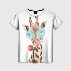 Женская футболка 3D с принтом Жираф в очках , 100% полиэфир ( синтетическое хлопкоподобное полотно) | прямой крой, круглый вырез горловины, длина до линии бедер | животные | жираф | звери | конфета | очки | чупа чупс
