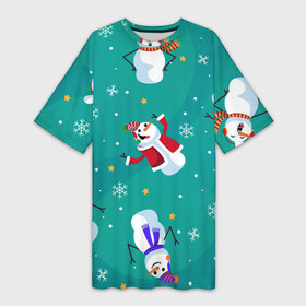 Платье-футболка 3D с принтом РазНые Снеговики ,  |  | зима | новый год | разное | снеговики | снежинки