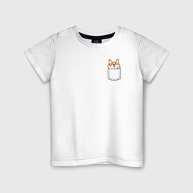 Детская футболка хлопок с принтом Корги в кармашке , 100% хлопок | круглый вырез горловины, полуприлегающий силуэт, длина до линии бедер | Тематика изображения на принте: вельш корги | звери | корги | собаки