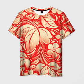 Мужская футболка 3D с принтом НАЦИОНАЛЬНЫЙ УЗОР , 100% полиэфир | прямой крой, круглый вырез горловины, длина до линии бедер | flowers | national | red | russia | white | белый | красный | листья | национальный | россия | узор | хохлома | цветы