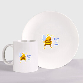 Набор: тарелка + кружка с принтом Пчела Blet it bee , керамика | Кружка: объем — 330 мл, диаметр — 80 мм. Принт наносится на бока кружки, можно сделать два разных изображения. 
Тарелка: диаметр - 210 мм, диаметр для нанесения принта - 120 мм. | blet it bee | let it be | пчела | так блэт
