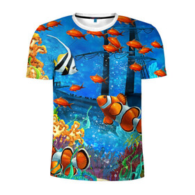 Мужская футболка 3D спортивная с принтом На глубине | Рыбки | Пляжная , 100% полиэстер с улучшенными характеристиками | приталенный силуэт, круглая горловина, широкие плечи, сужается к линии бедра | море | мультяшки | океан | пляжная | рыба | рыбки | рыбы
