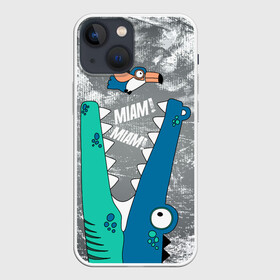 Чехол для iPhone 13 mini с принтом Крокодил и птичка Miam ,  |  | alligator | crocodile | reptile | аллигатор | крокодил | крокодильчик | птица | птичка