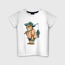 Детская футболка хлопок с принтом Кот рыбак , 100% хлопок | круглый вырез горловины, полуприлегающий силуэт, длина до линии бедер | Тематика изображения на принте: fish | кот | море | морские | рыба | рыбак | рыбалка | рыбки | рыбы