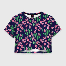 Женская футболка Crop-top 3D с принтом Тюльпаны , 100% полиэстер | круглая горловина, длина футболки до линии талии, рукава с отворотами | растительный узор | рисунок | синий | тюльпан | цветы