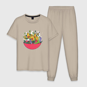 Мужская пижама хлопок с принтом Бунт Салат с Авокадо , 100% хлопок | брюки и футболка прямого кроя, без карманов, на брюках мягкая резинка на поясе и по низу штанин
 | anime | avocado | cute | funny | guacamole | japanese art | kawaii | manga | rebel | riot | авокато | аниме | бунтующие авокадо | в японском стиле | гуакамоле | кавай | кавайи | манга | милота | милый авокадо | миска | прикол | риот | япония | 