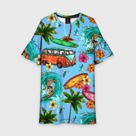 Детское платье 3D с принтом Пальмы волны серфинг , 100% полиэстер | прямой силуэт, чуть расширенный к низу. Круглая горловина, на рукавах — воланы | Тематика изображения на принте: beach | club | palm | party | sea | summer | tropical | волна | волны | жара | летние | лето | море | очки | пальмы | пляж | серф | серфинг | тропический