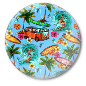 Значок с принтом Пальмы волны серфинг ,  металл | круглая форма, металлическая застежка в виде булавки | beach | club | palm | party | sea | summer | tropical | волна | волны | жара | летние | лето | море | очки | пальмы | пляж | серф | серфинг | тропический