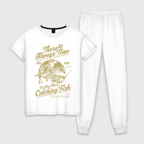 Женская пижама хлопок с принтом Рыбалка , 100% хлопок | брюки и футболка прямого кроя, без карманов, на брюках мягкая резинка на поясе и по низу штанин | art | fish | fisherman | fishing | fishing rod | арт | рыба | рыбак | рыбалка | удочка