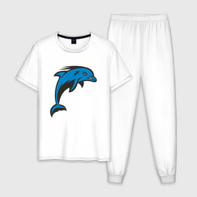 Мужская пижама хлопок с принтом Злой дельфин , 100% хлопок | брюки и футболка прямого кроя, без карманов, на брюках мягкая резинка на поясе и по низу штанин
 | Тематика изображения на принте: dolphin | дельфин | дельфины | море | морские | на голубом | с дельфином