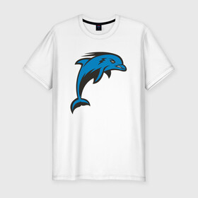 Мужская футболка хлопок Slim с принтом Злой дельфин , 92% хлопок, 8% лайкра | приталенный силуэт, круглый вырез ворота, длина до линии бедра, короткий рукав | Тематика изображения на принте: dolphin | дельфин | дельфины | море | морские | на голубом | с дельфином