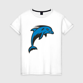 Женская футболка хлопок с принтом Злой дельфин , 100% хлопок | прямой крой, круглый вырез горловины, длина до линии бедер, слегка спущенное плечо | Тематика изображения на принте: dolphin | дельфин | дельфины | море | морские | на голубом | с дельфином