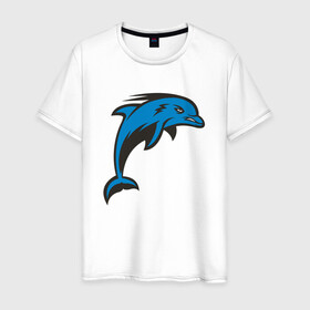 Мужская футболка хлопок с принтом Злой дельфин , 100% хлопок | прямой крой, круглый вырез горловины, длина до линии бедер, слегка спущенное плечо. | Тематика изображения на принте: dolphin | дельфин | дельфины | море | морские | на голубом | с дельфином
