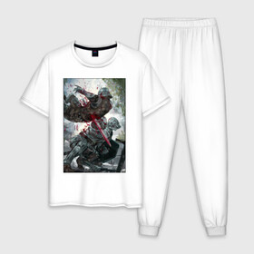 Мужская пижама хлопок с принтом Dark Souls воины , 100% хлопок | брюки и футболка прямого кроя, без карманов, на брюках мягкая резинка на поясе и по низу штанин
 | dark souls | fantasy | iron | warrior | бойцы | в доспехах | крестоносцы | фентези