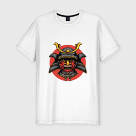 Мужская футболка хлопок Slim с принтом Маска самурая , 92% хлопок, 8% лайкра | приталенный силуэт, круглый вырез ворота, длина до линии бедра, короткий рукав | арт | воин | демон | ёкай | китай | маска | рисунок | рога | самурай | солнце | япония