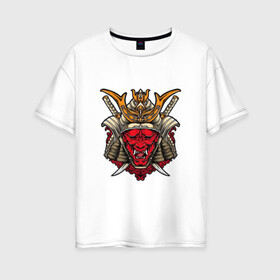Женская футболка хлопок Oversize с принтом Ёкай-воин , 100% хлопок | свободный крой, круглый ворот, спущенный рукав, длина до линии бедер
 | арт | воин | демон | доспех | ёкай | катана | катаны | китай | маска | нечисть | рисунок | рога | самурай | япония
